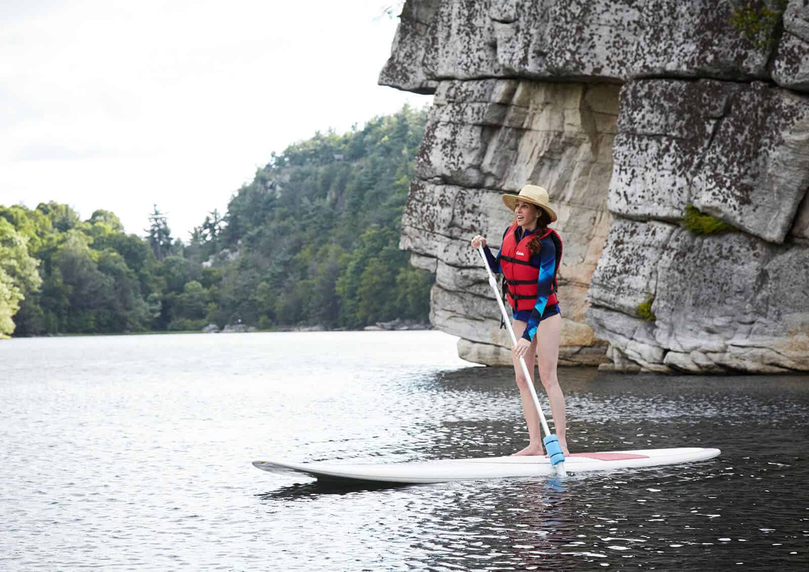 Young women stand-up paddle boarding