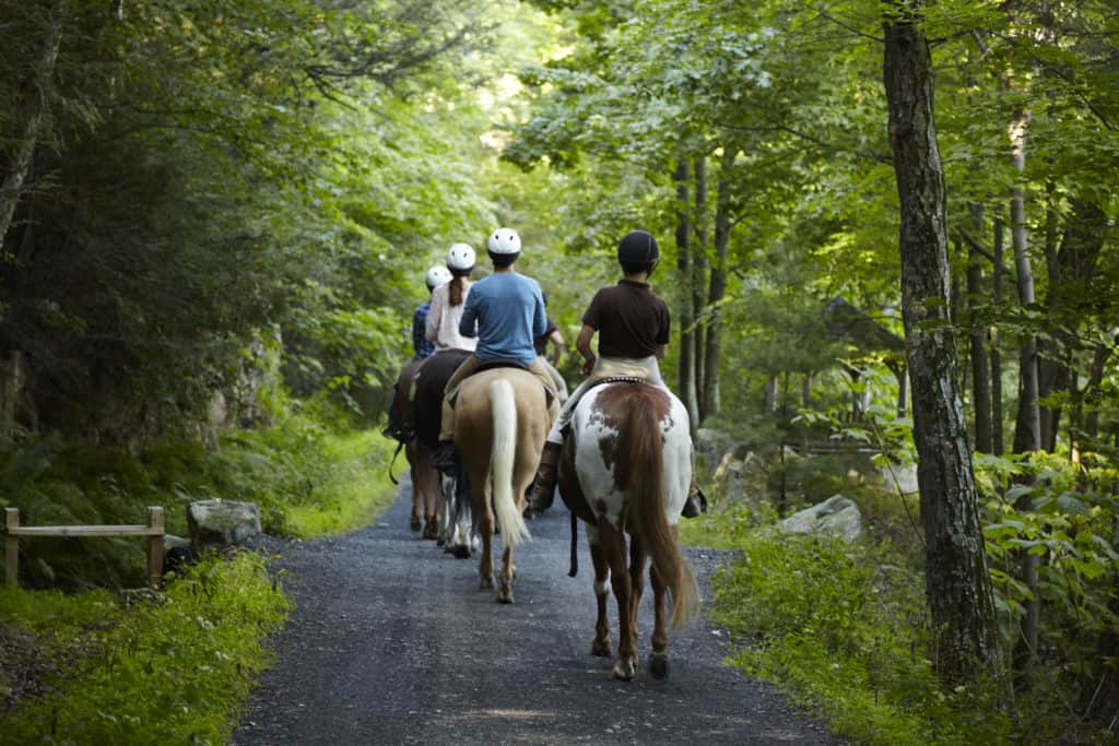 Family horseback riding on trails